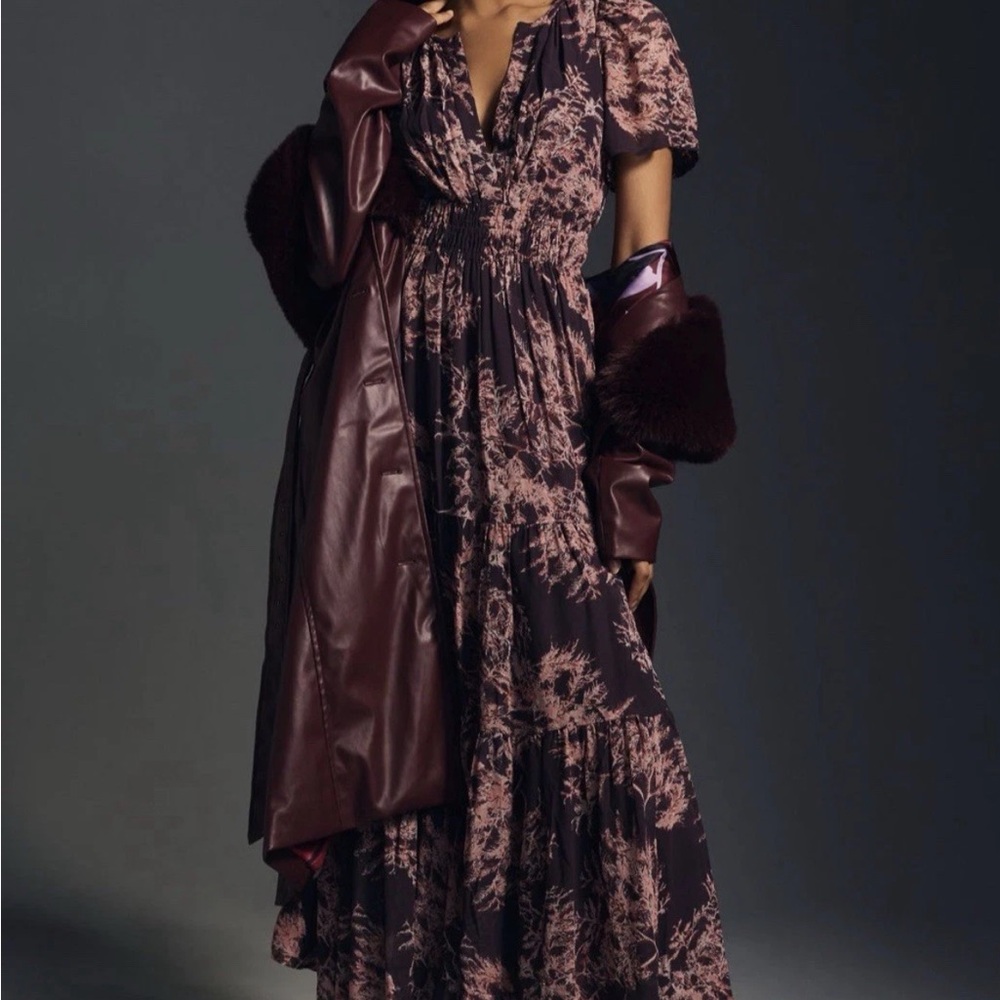 $178 Anthropologie The Somerset Chiffon Maxi Dress Maroon Multi Size XS